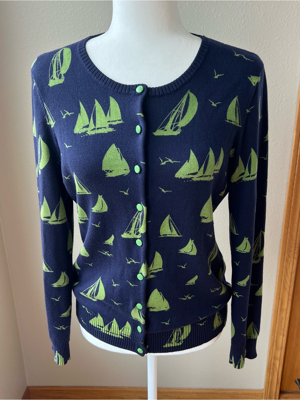 LL Bean Sailboat Cardigan Sweater Women’s M Navy 100% Cotton Button Nautical